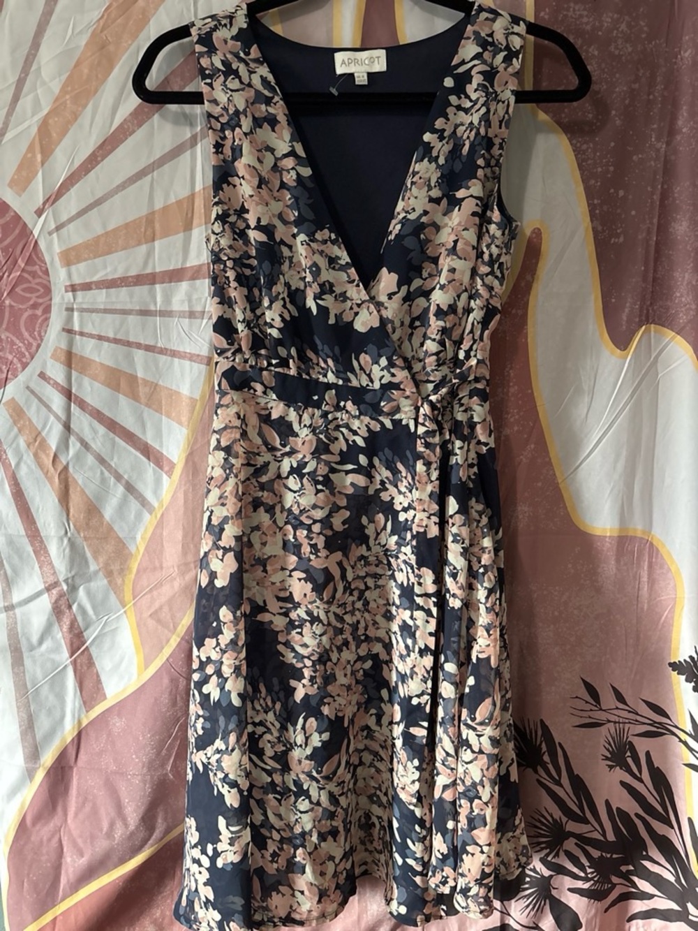 APRICOT Women’s size XS Navy Wrap Dress with Blush Floral Print outing or work